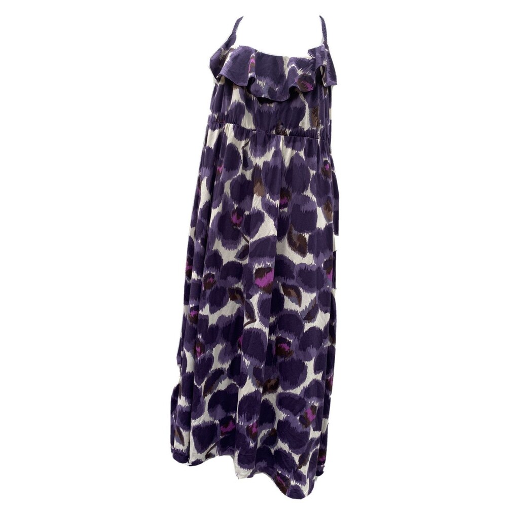 ELLE Purple White Floral Ruffle Sun Dress Womens Size Medium Below Knee Flowing